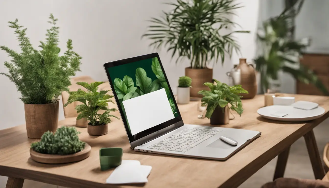 Pessoas diversas colaborando ao redor de uma mesa de conferência com laptops e papéis em um escritório iluminado por janelas grandes e plantas.