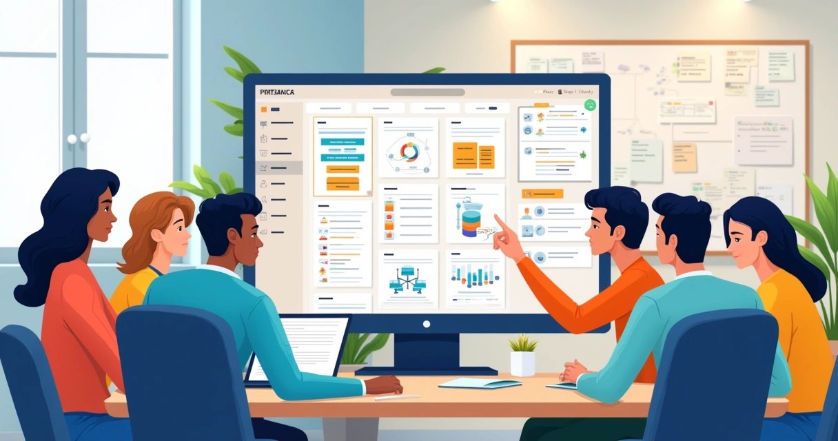 Múltiplas pessoas colaborando em wiki digital no Notion em ambiente de trabalho moderno