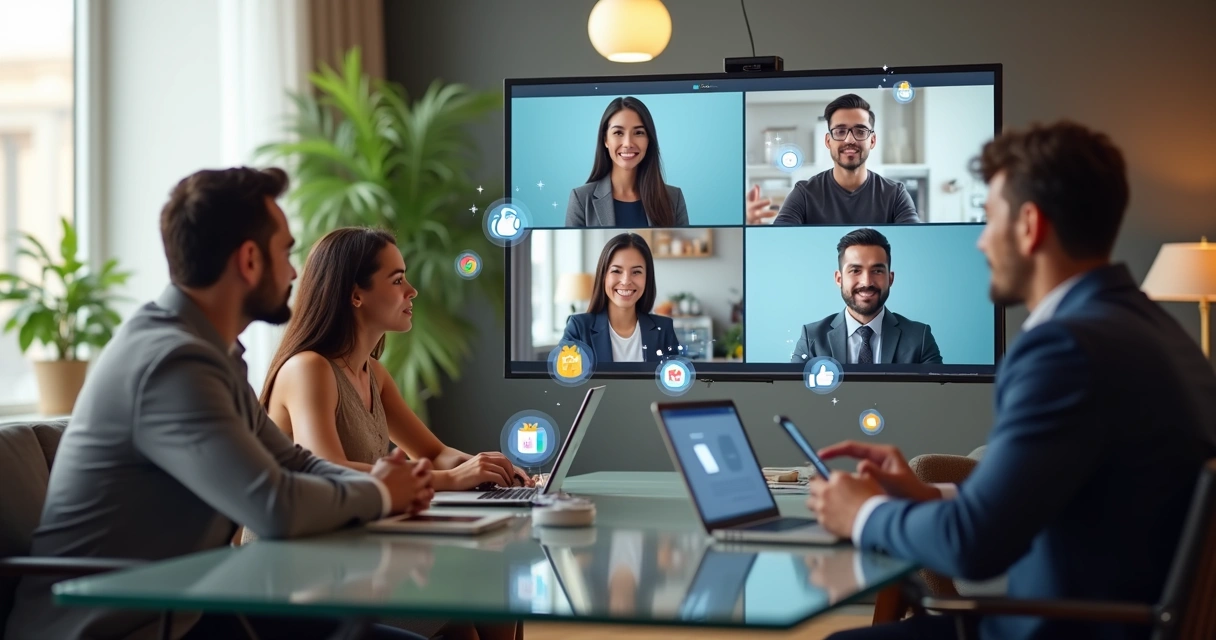 Equipe remota interagindo em videoconferência com elementos digitais de reconhecimento e incentivos ao redor