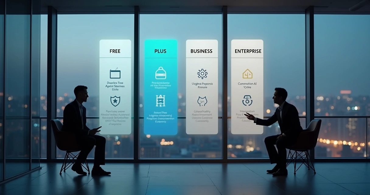 Painel comparando planos de licenças Notion em ambiente corporativo sofisticado