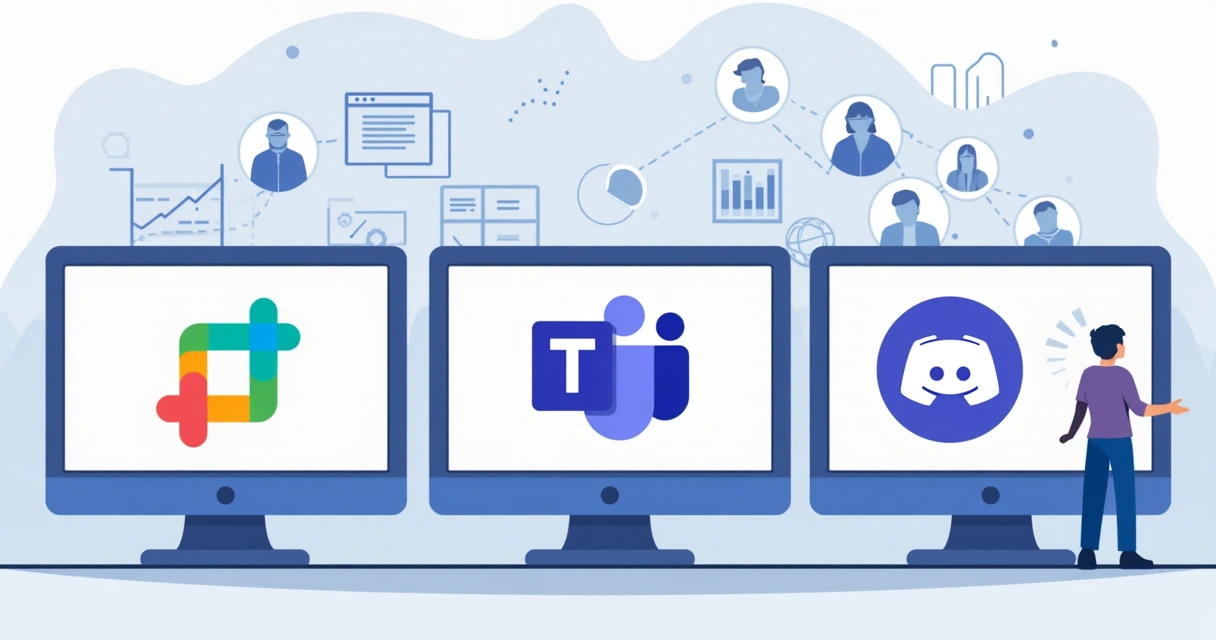 Ilustração corporativa plana mostrando três telas com ícones do Slack, Microsoft Teams e Discord, com elementos de fluxo de trabalho e gráficos de produtividade ao fundo