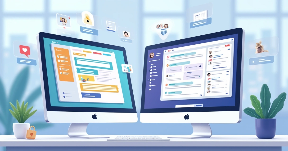 Interface do Slack e Microsoft Teams lado a lado em tela de computador, com elementos de integração e ícones de notificações visíveis