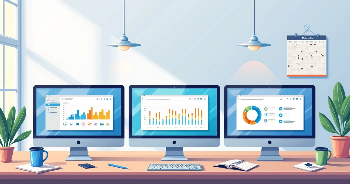 Computadores mostrando gráficos e dashboards de RescueTime, Toggl e Clockify lado a lado