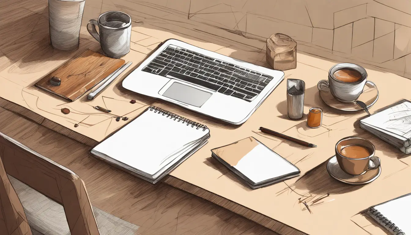 Computador com tela aberta no aplicativo Notion exibindo gráficos de KPI, ao lado de xícara de café, bloco de notas e caneta.