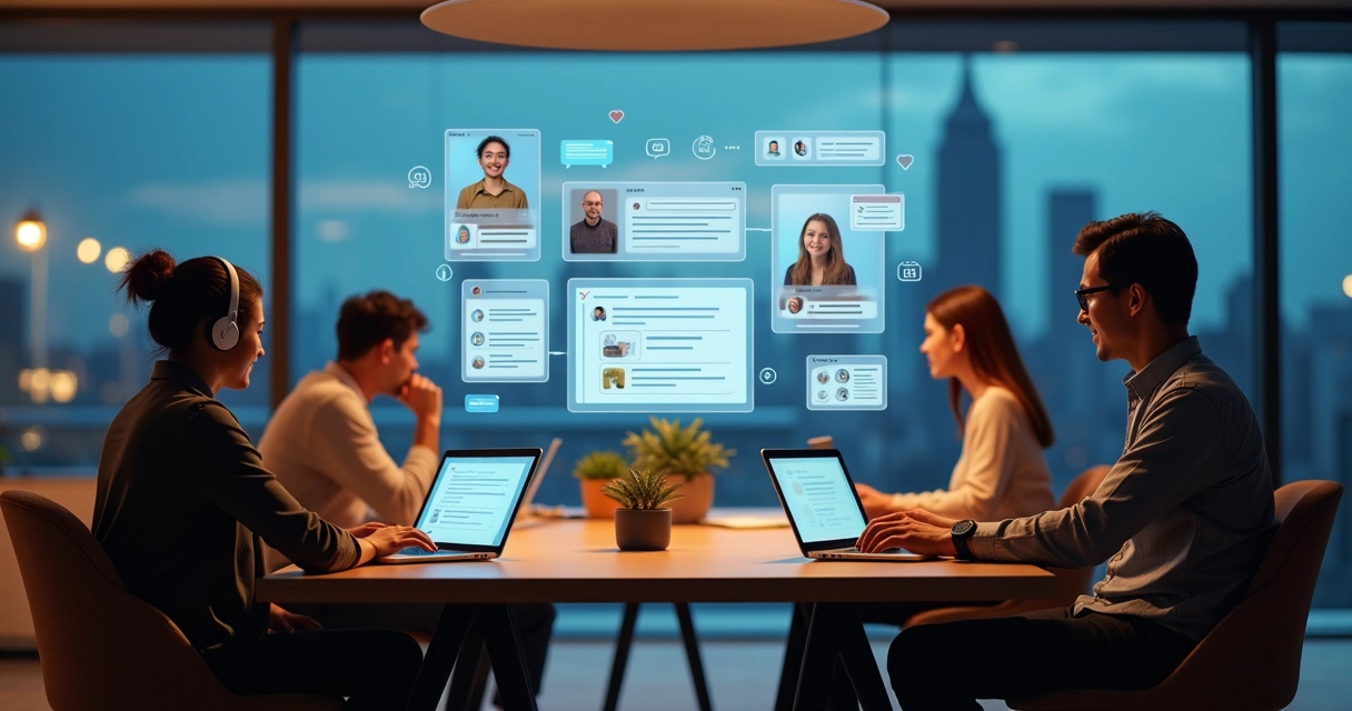 Equipe remota colaborando em comunicação assíncrona com laptops e painel digital
