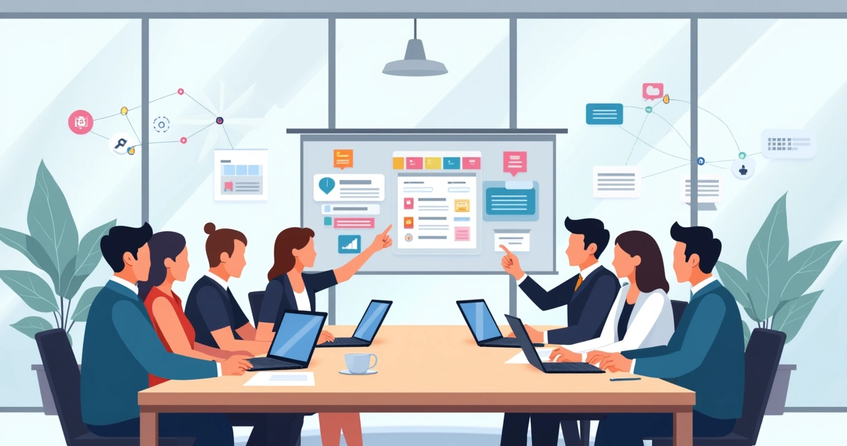 Equipe técnica reunida em ambiente moderno com computadores, discutindo comunicação eficiente e processos digitais