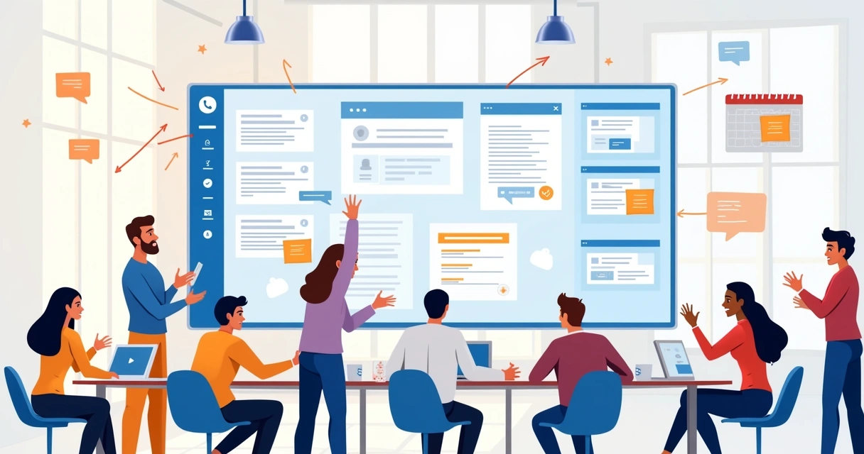 Equipe colaborando em plataformas digitais com telas de Notion visíveis e fluxo organizado