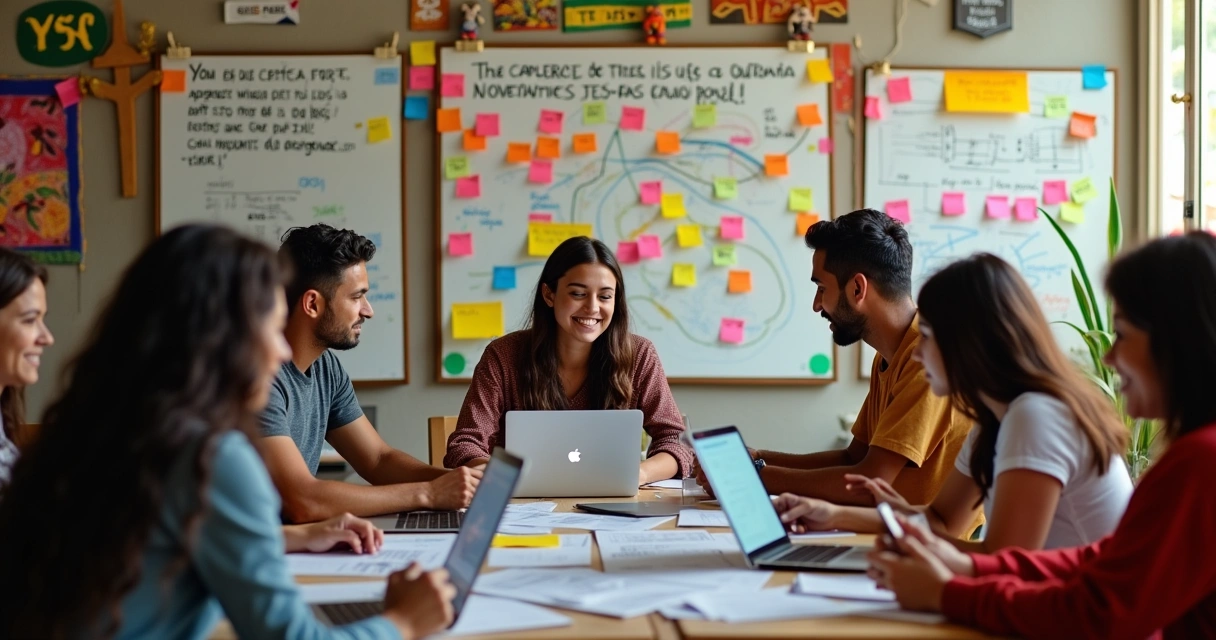 Grupo diverso em workshop sobre Notion, laptops, notas adesivas e arte brasileira na decoração.