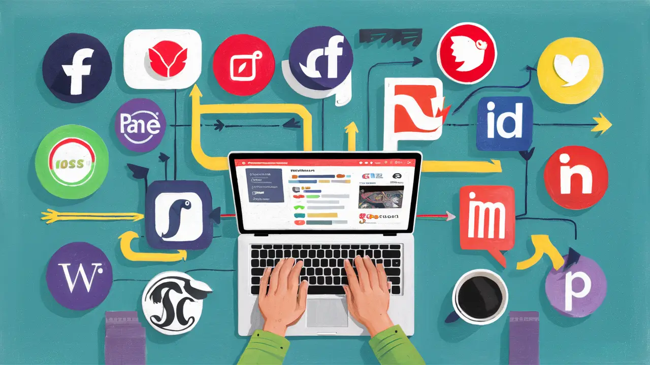 Logos de redes sociais conectados por setas ao redor de um laptop com a interface do Notion.