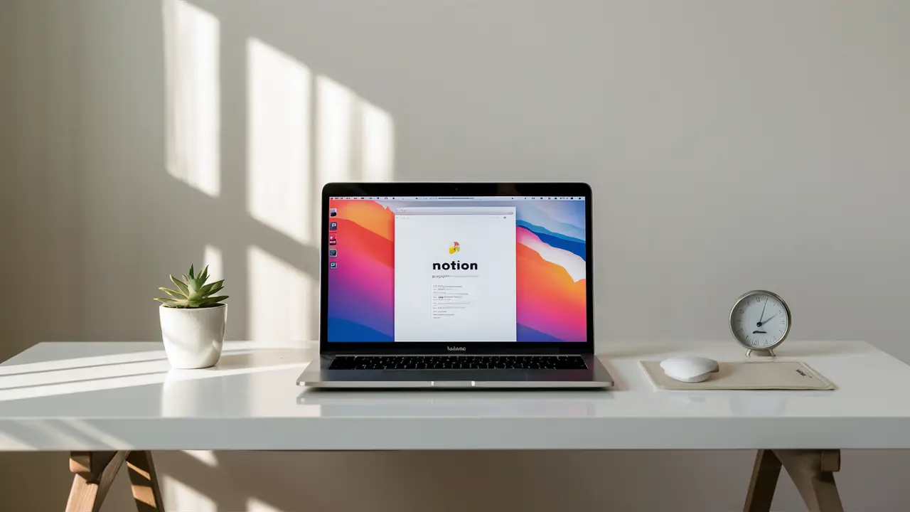 Configuração minimalista com laptop, planta suculenta e relógio digital em mesa branca com parede cinza ao fundo.