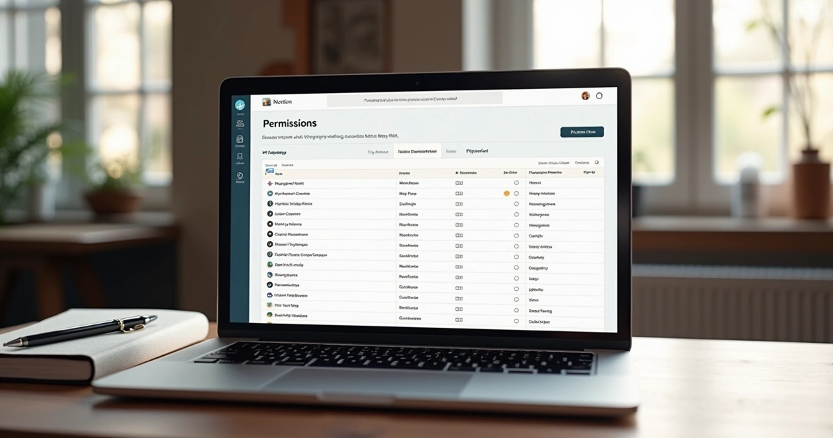 Tela de computador mostrando configuração de permissões granulares no Notion para equipes com interface detalhada e listas de usuários