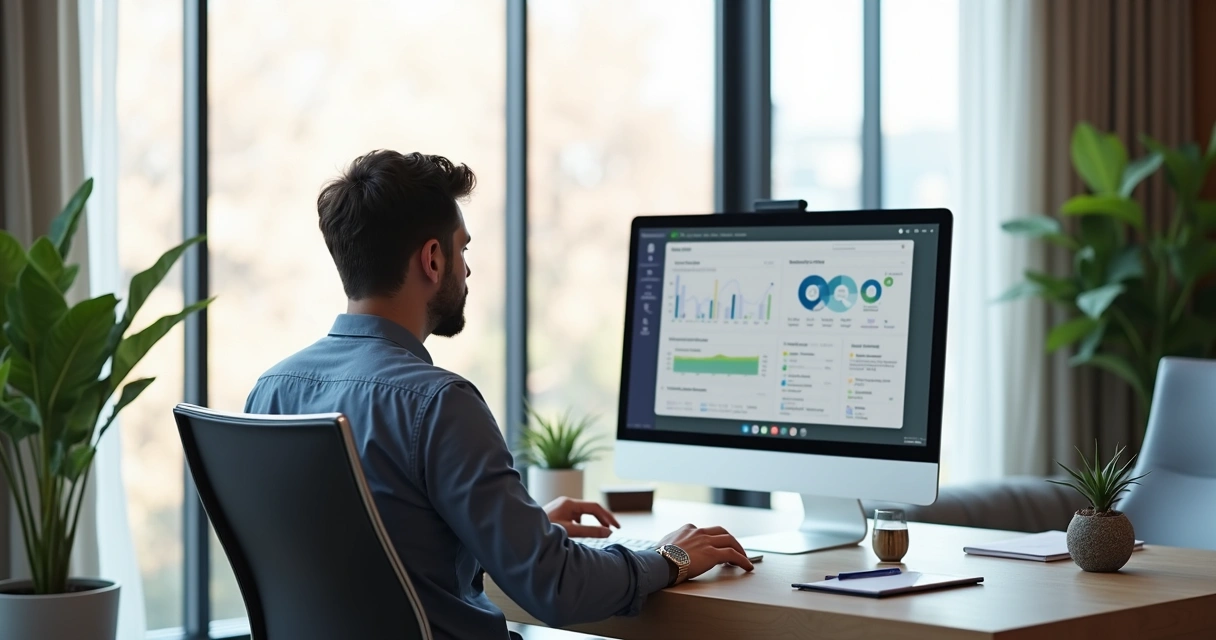 Consultor analisando OKRs no Notion em ambiente moderno e elegante