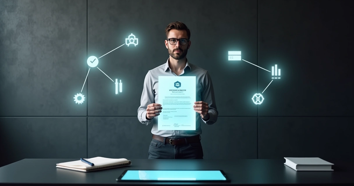 Profissional segurando certificado digital com símbolos do Notion ao fundo