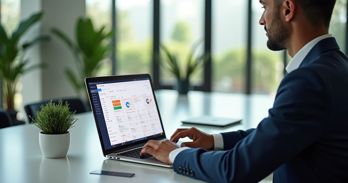 Consultor trabalhando em notebook com interface do Notion, ambiente moderno e iluminado