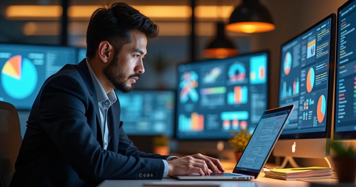 Consultor Notion trabalhando em laptop moderno com gráficos e anotações em escritório contemporâneo