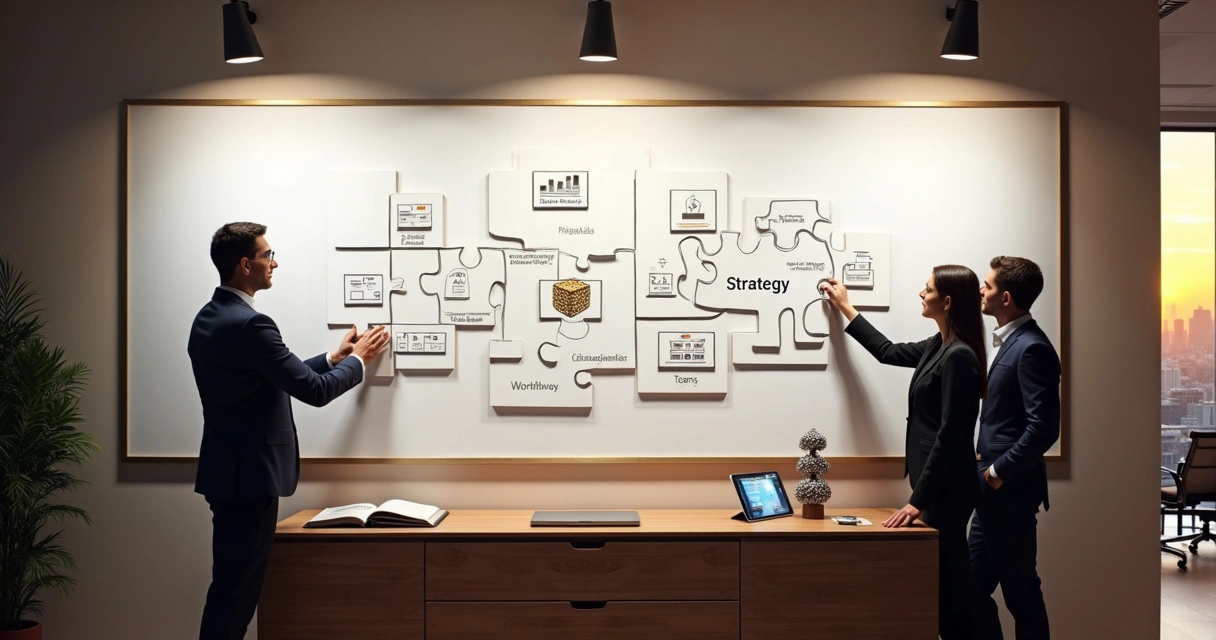 Mural conceitual com peças de quebra-cabeça formando sistema de gestão empresarial integrado