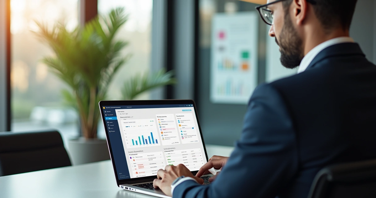 Ambiente corporativo elegante com especialista em Notion trabalhando em laptop mostrando dashboard organizado e gráficos de produtividade na tela