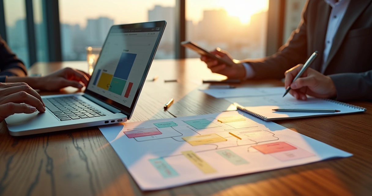 Gestores analisando opções de consultoria Notion em mesa com gráficos e fluxos integrados