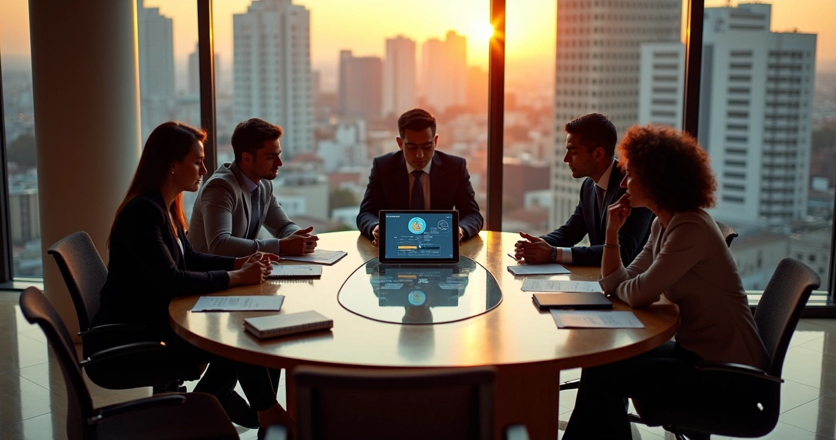 Equipe executiva brasileira em mesa redonda planejando sistemas no Notion