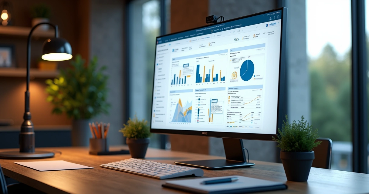 Espaço de trabalho moderno com computador aberto mostrando dashboard do Notion, gráficos e fluxos de trabalho automatizados em tela