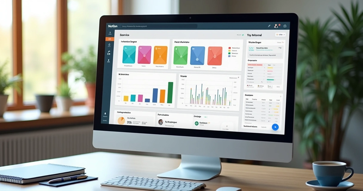 Ambiente de escritório moderno com tela de computador exibindo painel Notion com gráficos, fluxos de trabalho personalizados e templates organizacionais em destaque