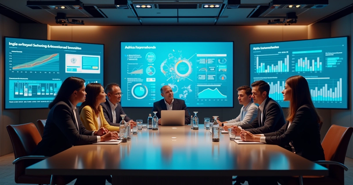 Executivos em ambiente corporativo moderno discutindo estratégia com telas digitais mostrando gráficos e fluxos de trabalho integrados no Notion