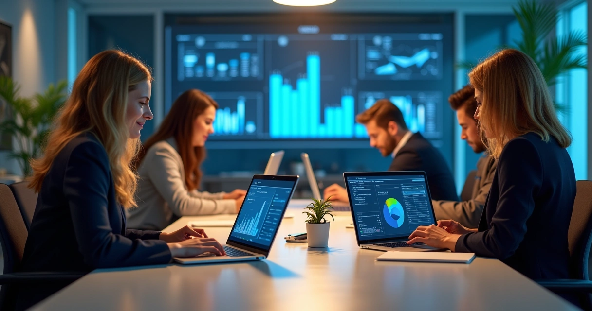 Equipe de profissionais em ambiente moderno usando laptops e tablets com interface do Notion exibida nas telas, gráficos de produtividade ao fundo, ambiente claro e organizado