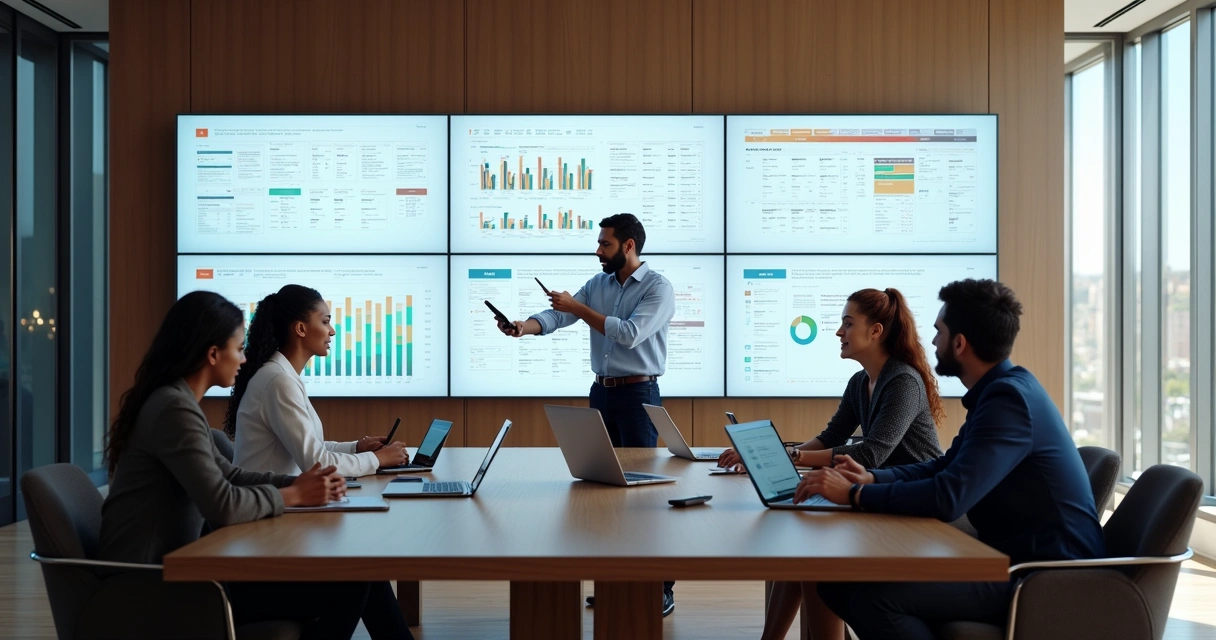 Equipe colaborando em projeto digital com múltiplos dispositivos, telas Notion exibindo fluxos de trabalho ágeis