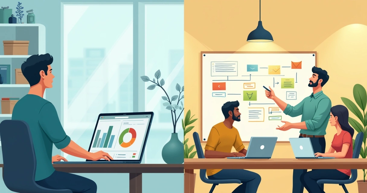 Ilustração comparando consultoria especializada e equipe interna para gestão de processos no Notion