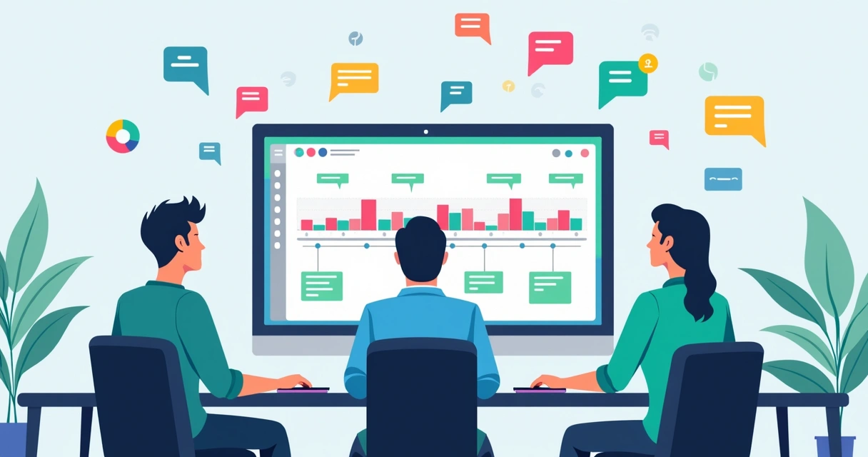 Equipe de TI reunida ao redor de um computador com cronograma visível na tela usando Notion, ícones de métodos ágeis como Scrum e Kanban ao redor, com gráficos e alertas coloridos em destaque