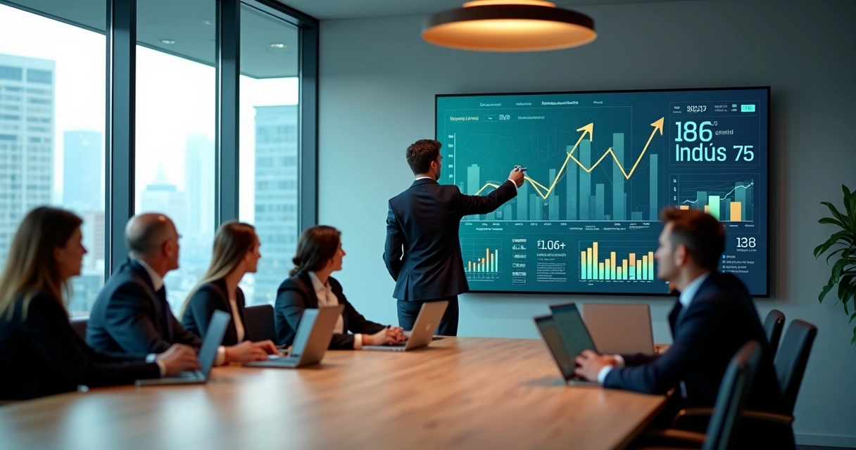 Equipe de negócios analisando metas e resultados em painel digital em sala de reunião moderna