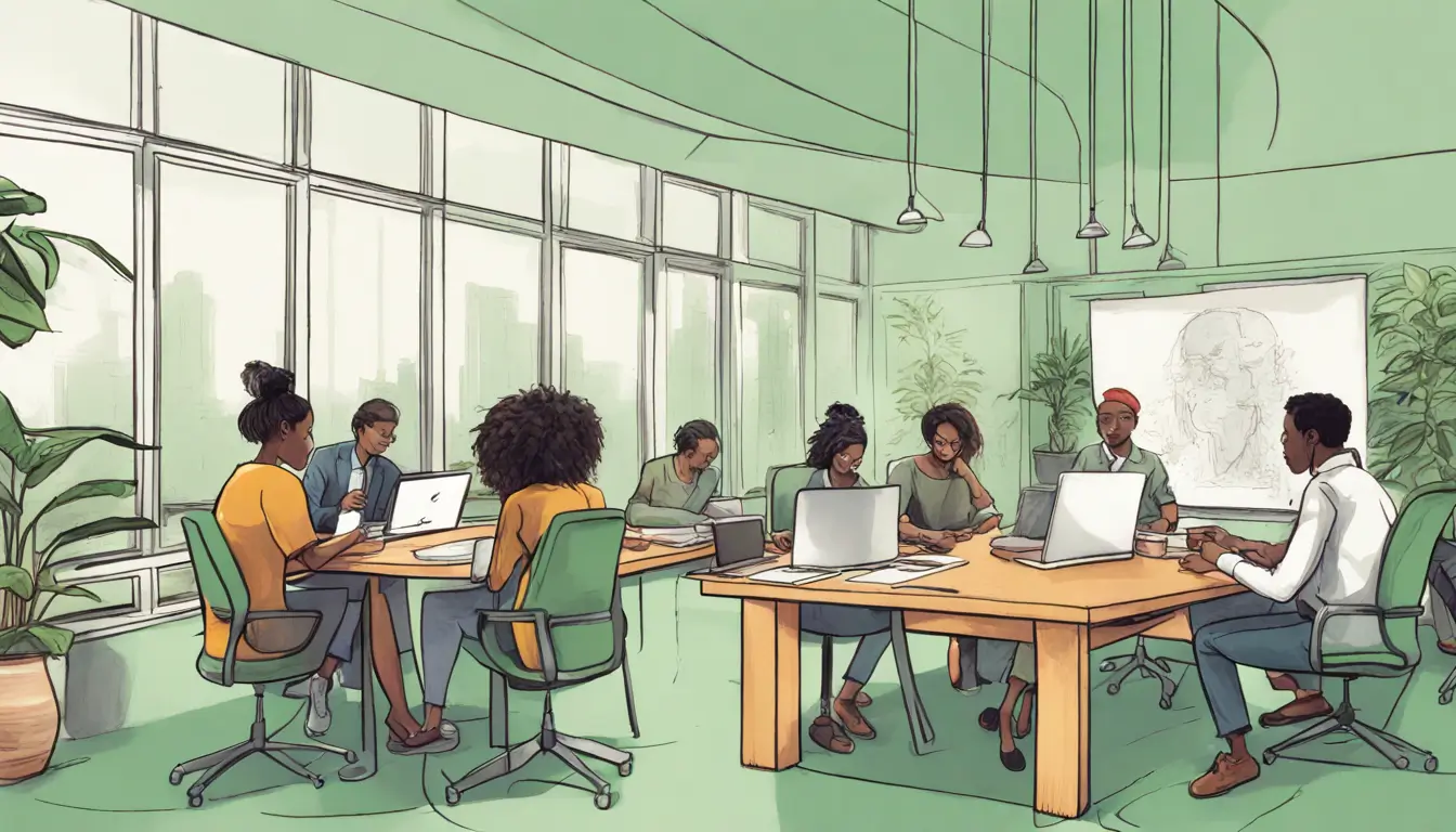 Pessoas diversas em reunião criativa sem celulares ou relógios, evidenciando técnicas de produtividade realista em ambiente de trabalho moderno.