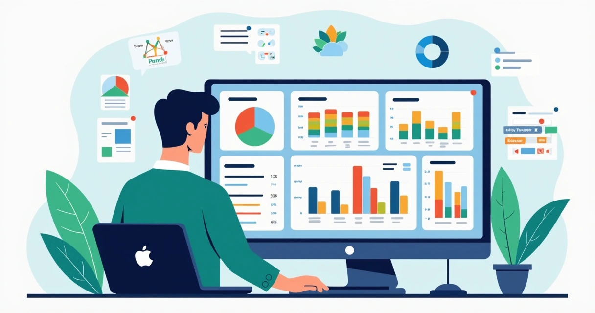 Ilustração corporativa plana de gerente de TI usando dashboard interativo com gráficos, tabelas dinâmicas e alertas automáticos em tela digital