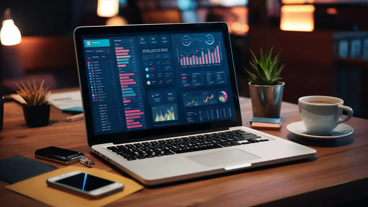 Tela de laptop mostrando um dashboard do Notion com gráficos e listas, ao lado de um smartphone, xícara de café e planta.