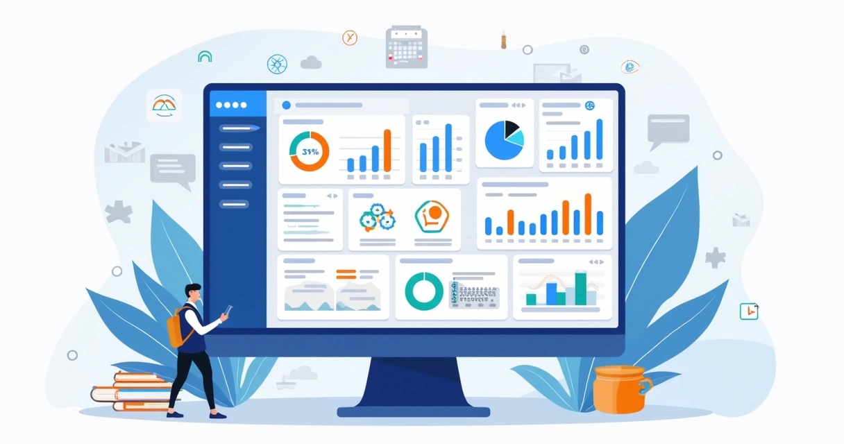 Ilustração corporativa plana mostrando dashboard digital personalizado para projetos de tecnologia com gráficos, listas e widgets coloridos para equipes técnicas