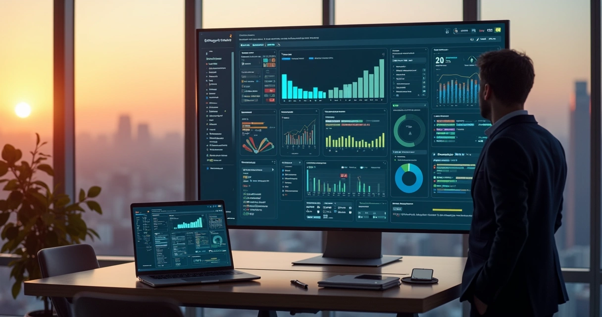 Líder observando dashboard de visibilidade organizacional em tela grande com dados integrados