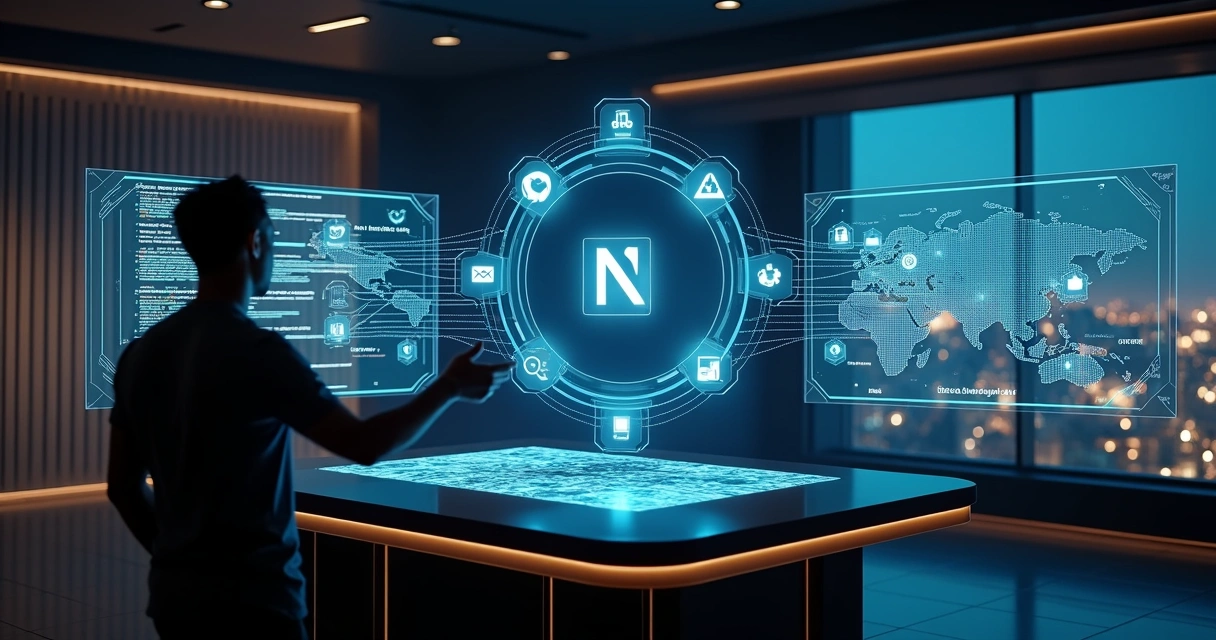 Desenvolvedor em estação futurista conectando integrações na plataforma Notion
