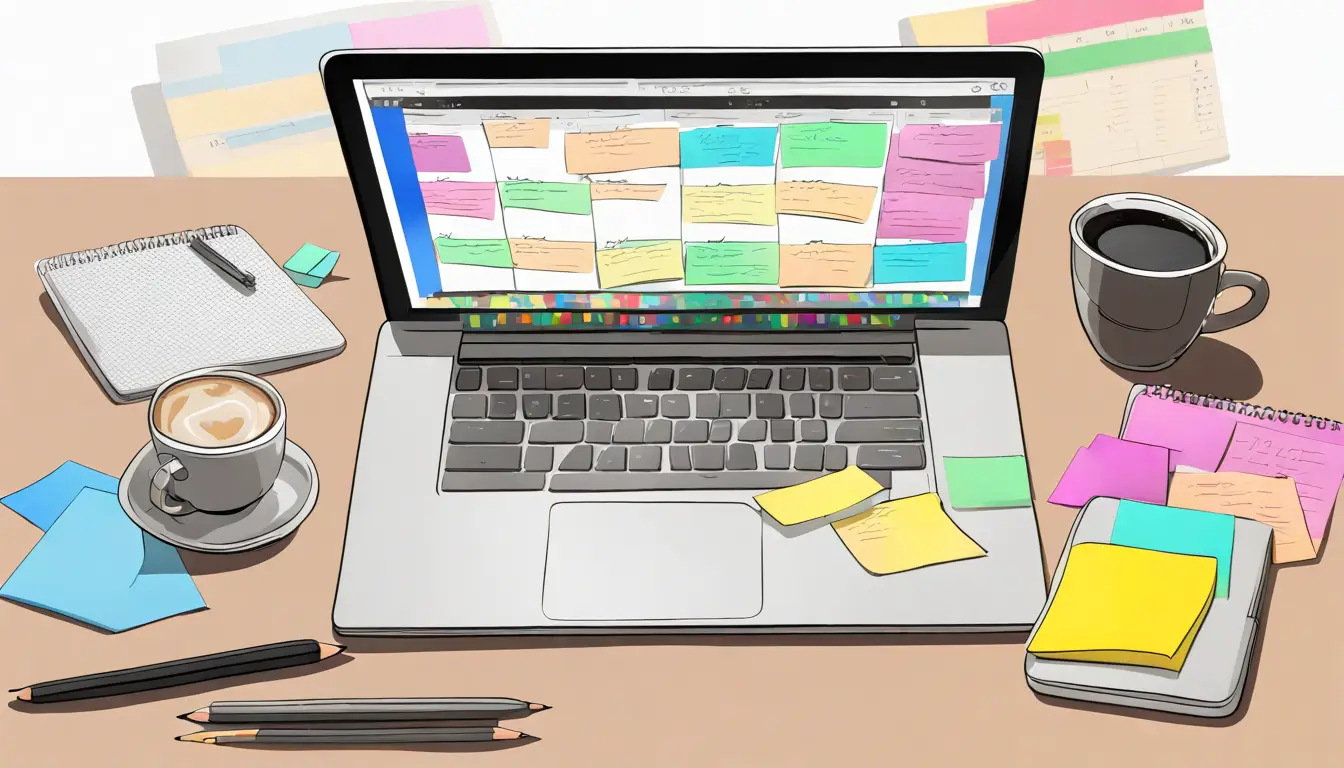 Uma mesa moderna com um laptop aberto no painel do Notion, um relógio marcando 15h, um planejador, notas adesivas coloridas e uma xícara de café.