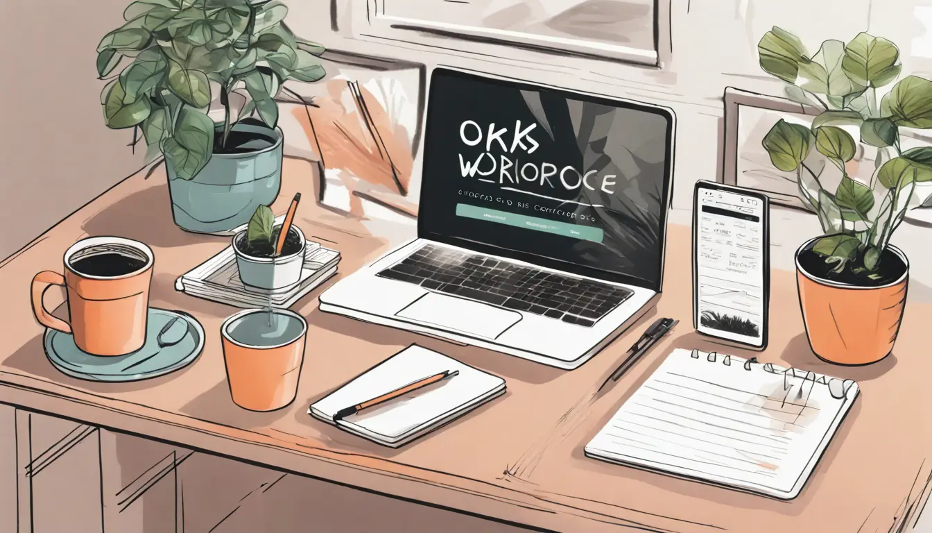 Área de trabalho organizada com laptop exibindo OKRs no Notion, caneca de café à esquerda, cadernos empilhados à direita e planta em vaso ao fundo.