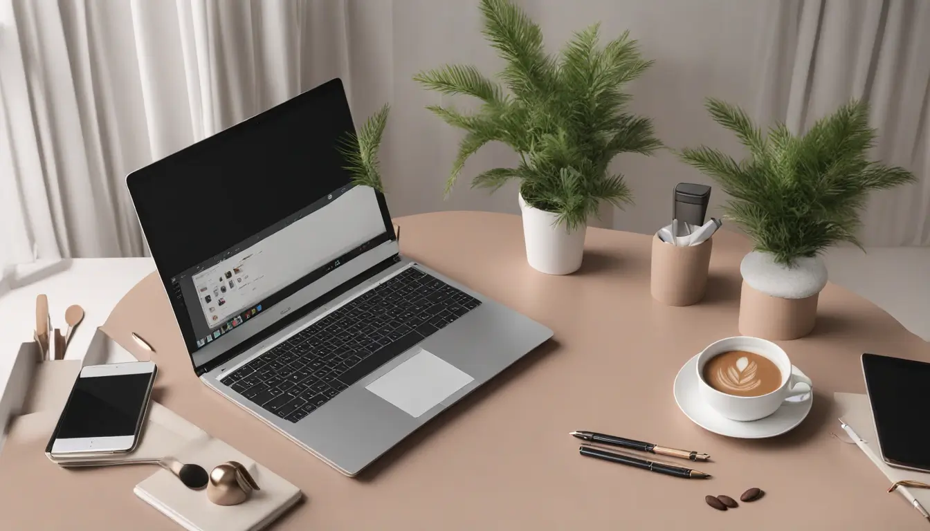 Mesa de escritório organizada com laptop, caderno, caneta, relógio, xícara de café e planta, representando estratégias de produtividade eficazes no dia a dia.