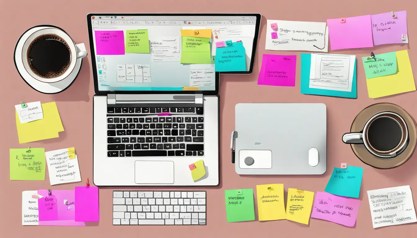 Imagem de uma mesa de escritório com laptop aberto no Notion e quadro Kanban digital, notas adesivas e diagramas ágeis. Ideal para gestores que usam o método Kanban.
