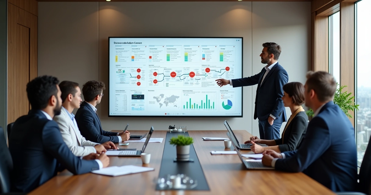 Gestor analisando gargalos em fluxo de processos em painel digital