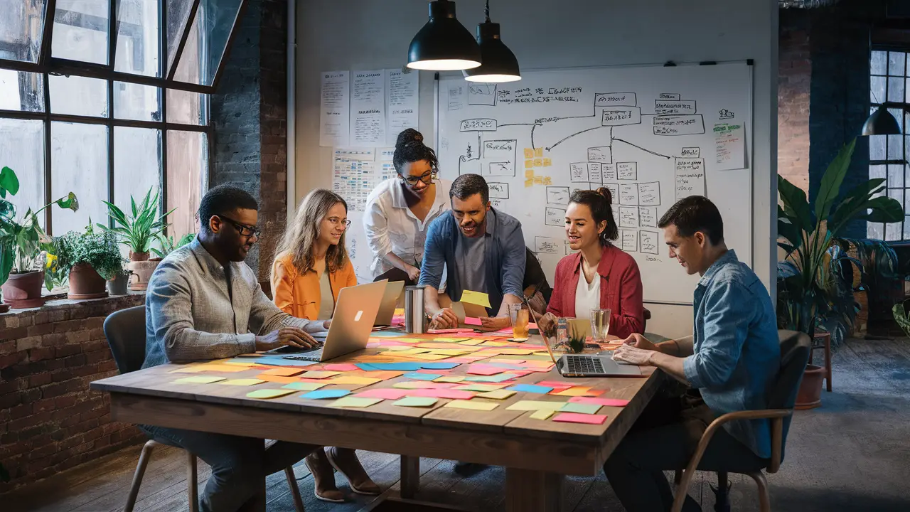 Equipe diversa colaborando em escritório moderno com mesa de madeira e quadro branco cheio de diagramas.