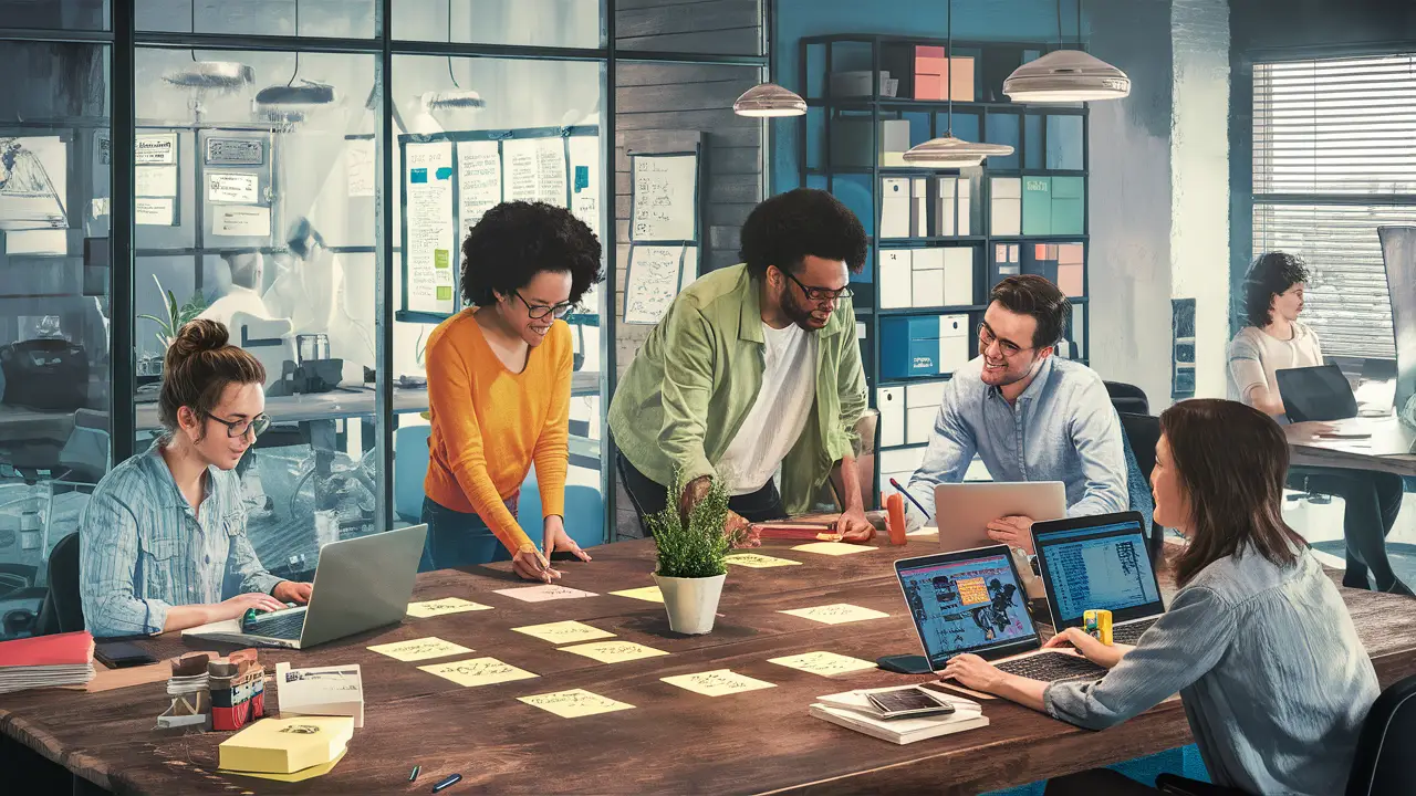 Equipe colaborando em mesa de madeira com laptops, notas adesivas e planta ao centro.