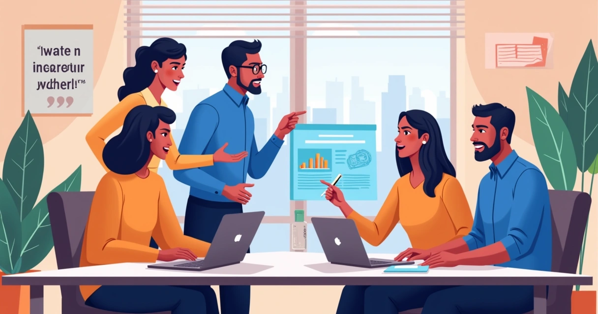 Equipe diversa colabora em um escritório moderno, com software de automação na tela