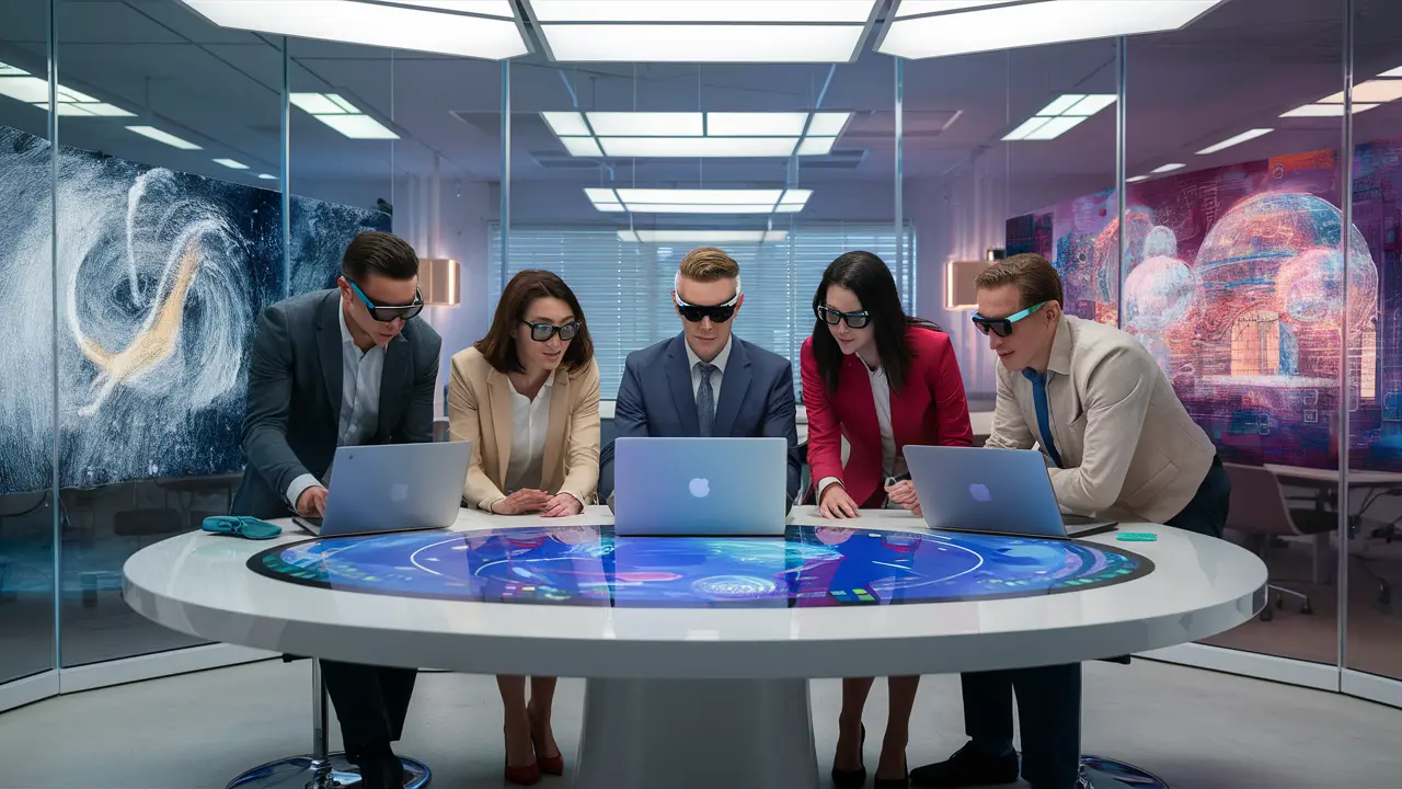 Equipe diversa de cinco profissionais usando óculos inteligentes em torno de uma mesa touchscreen em um escritório futurista.