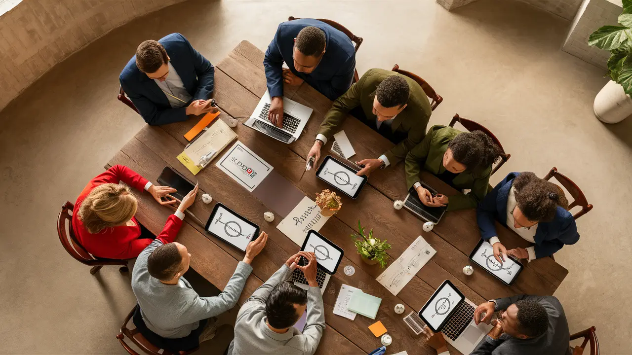Equipe diversificada trabalhando em conjunto em um escritório moderno com laptops e tablets exibindo templates do Notion.