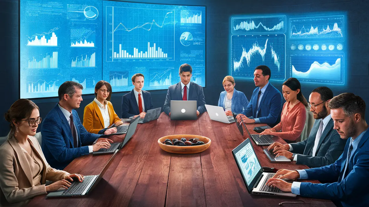 Pessoas trabalhando em laptops em uma mesa de madeira com gráficos digitais na tela de fundo.