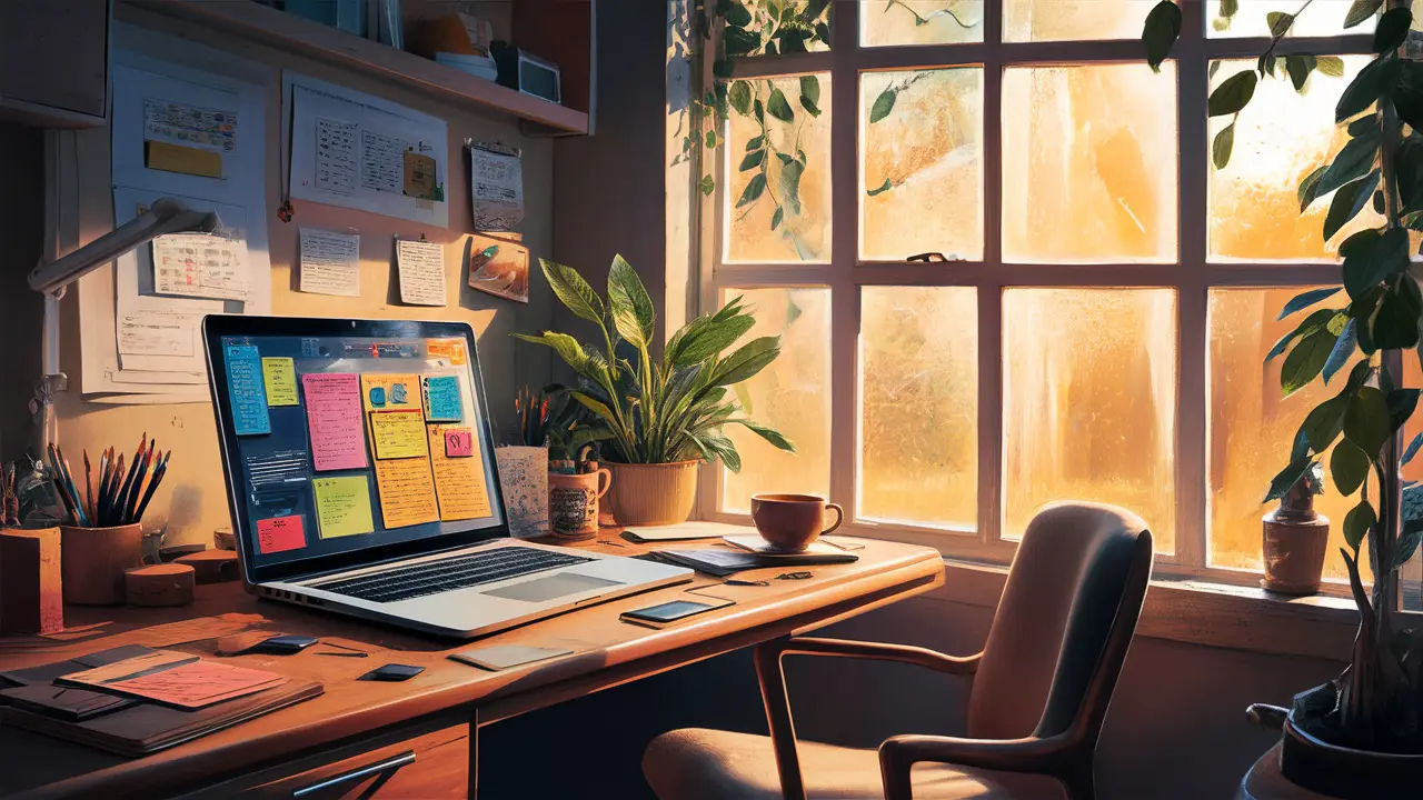 Escritório em casa com uma mesa de madeira, laptop aberto, planta, xícara de café e janela com luz solar.