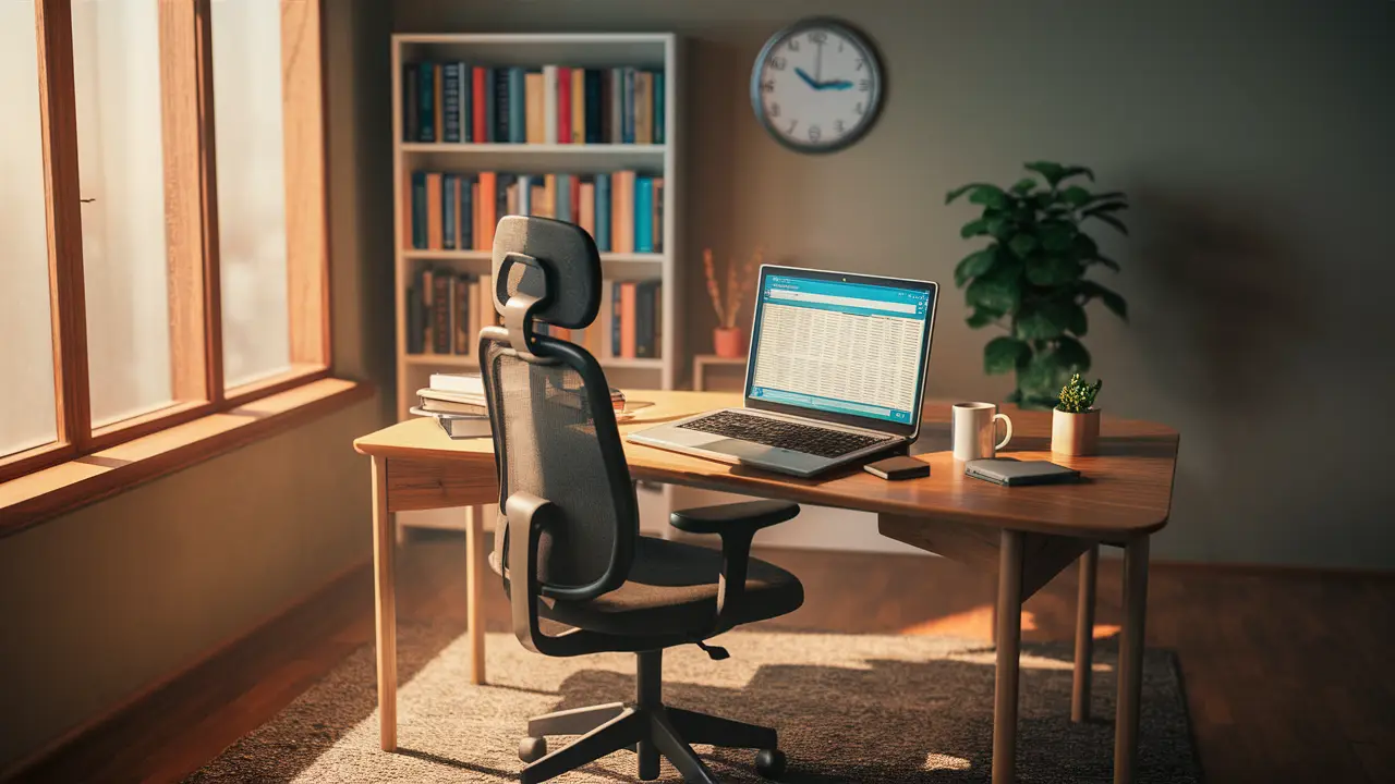 Escritório em casa com laptop aberto em planilha, cadeira ergonômica, caneca de café, planta, livros e relógio marcando 10:30.